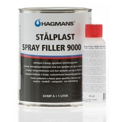 Pritspahtel + kõvendi Hagmans Spray Filler 9000 (1L+25ml) on 2-komponendiline toode. Kergekaaluline pritspahtel, mida on väga kerge liivapaberiga lihvida.